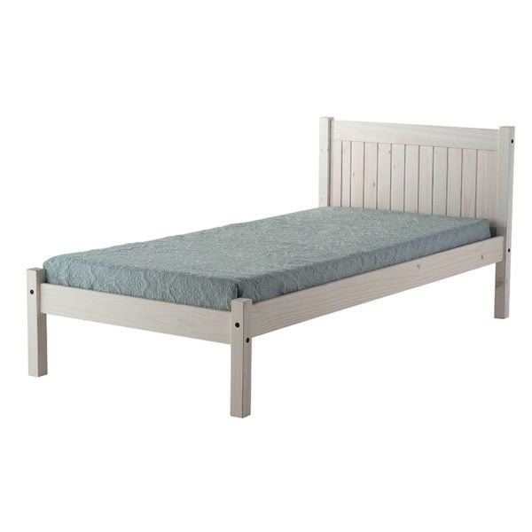 The single Bowley whitewash bed frame has paneled head end and low foot end. It is a solid pine frame with a popular and simple ageless design - Sussex Beds