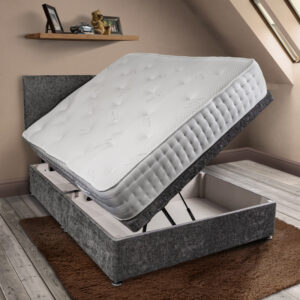 BURLEY pocket sprung mattress in white fabric on a side lift ottoman dark grey base in open position with matching headboard - Sussex Beds