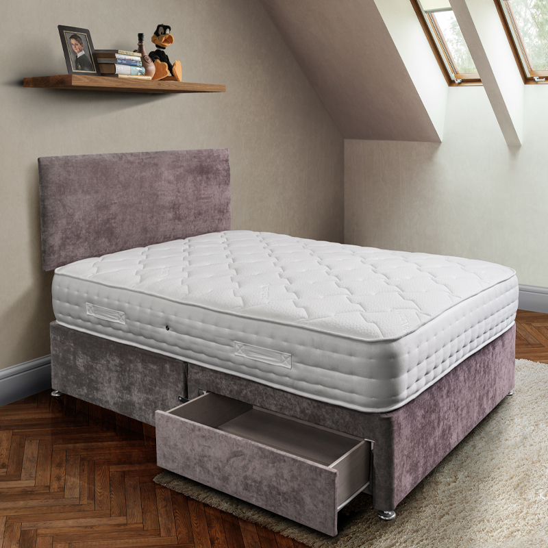 rockford pocket sprung mattress in white tencel fabric on a mushroom coloured 2 drawer divan base with matching plain headboard - Sussex Bed