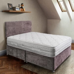 rockford pocket sprung mattress in white fabric on purple fabric base with matching headboard - Sussex Beds