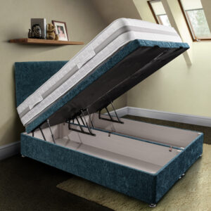 The Hinton is a firm support pocket mattress on open blue ottoman base in a bedroom setting-Sussex Beds