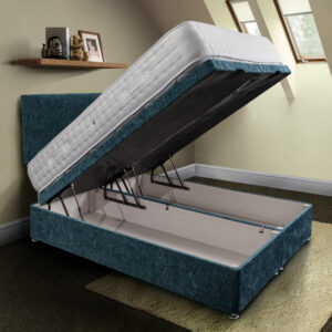 rockford pocket sprung mattress in white fabric on a blue open ottoman base with matching headboard - Sussex Beds