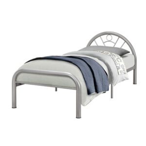 The Arcadia silver bed is a tubular steel childrens bed. Finished with a curved head end and low foot end and a sprung slatted base - Sussex Beds