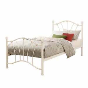 The Malibu cream bed frame is an elegant curved top cream childrens bed frame. This features beautiful heart castings on both head and foot end. Finished with a sprung slatted base. - Sussex Beds