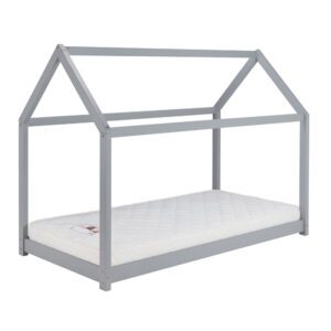 Pasadena grey bed frame is designed in the shape of a house. The sleeping surface is low to the floor. Finished in a grey lacquered colour.