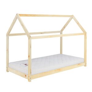 Pasadena pine bed frame is designed in the shape of a house. The sleeping surface is low to the floor. Finished in a natural pine colour.