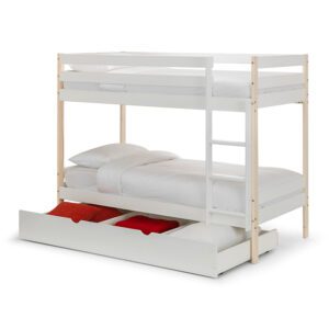 The single Winona Bunk Bed is a white bunk with natural pine posts that will look great in any bedroom. Complete with large underbed storage drawer - Sussex Beds